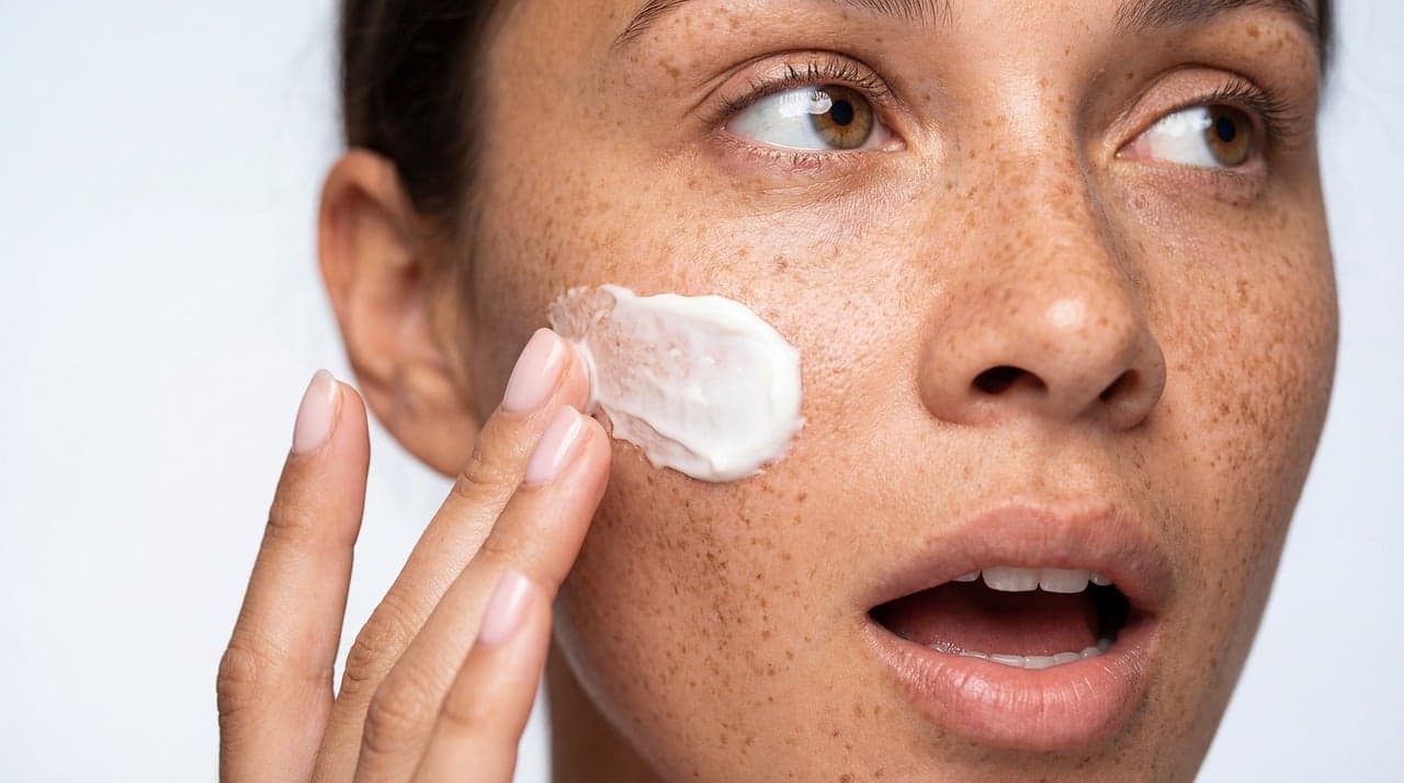 A woman with freckles smoothing cream onto her cheek